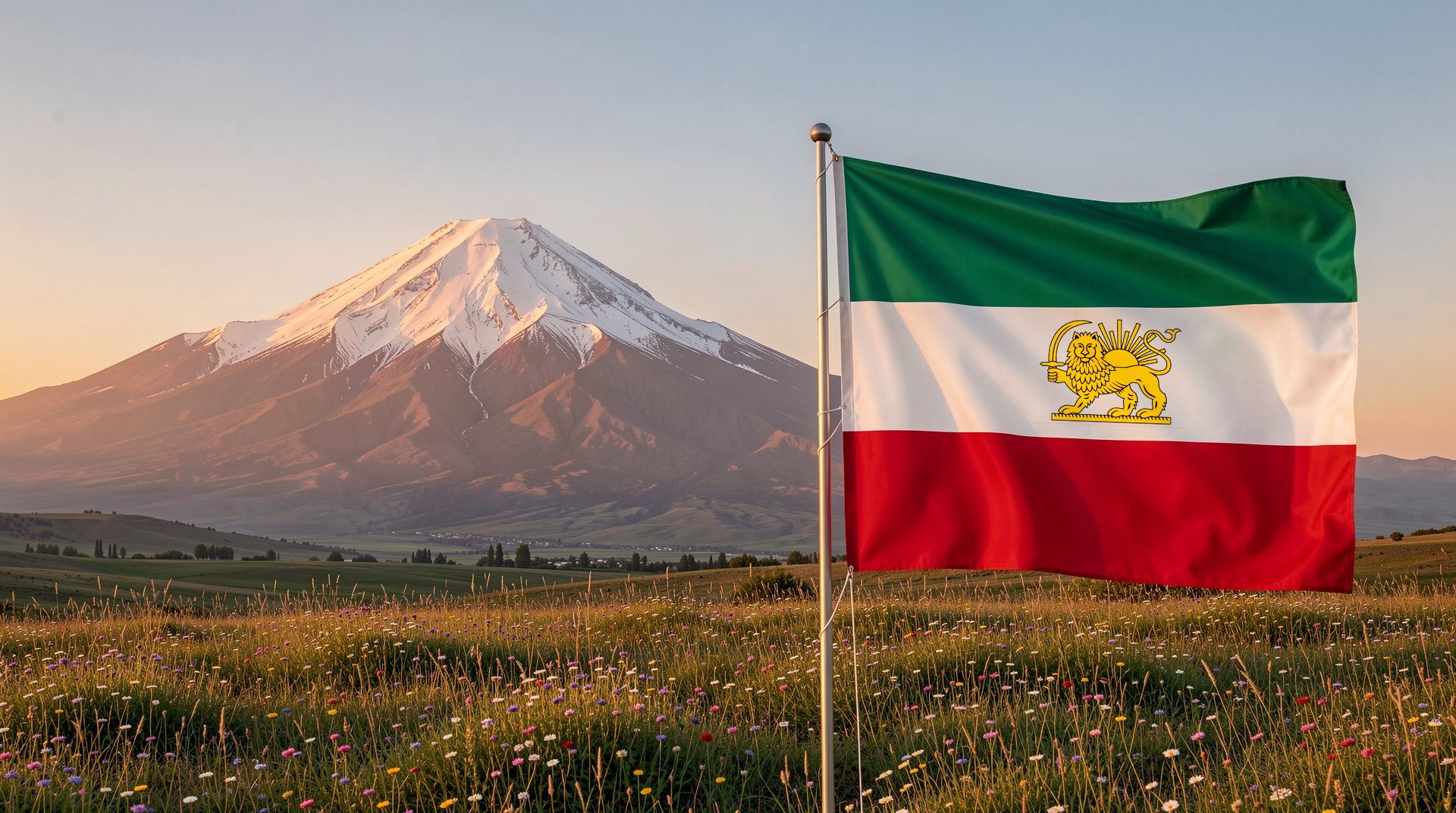 The tricolor Lion and Sun flag raised before the snow-capped peak of Mount Damavand